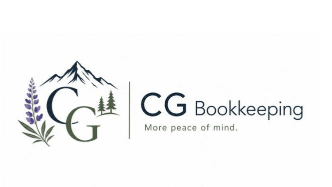 CG Bookkeeping logo with a mountain, evergreen trees, and lavender; More peace of mind.